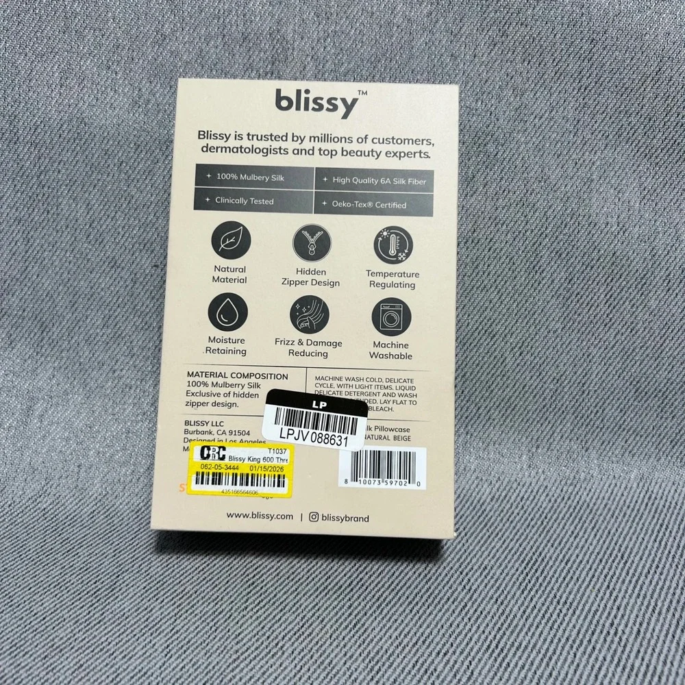 Blissy 100% Mulberry Silk Pillowcase King Natural Beige 22 Momme Silk